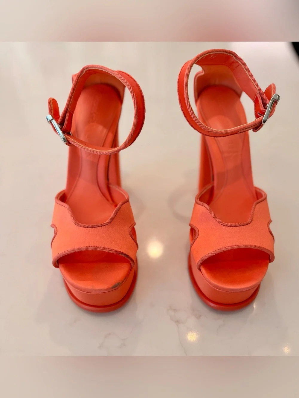 Alexander McQueen Satin Coral Platform Ankle Strap Sandals. Size 9
